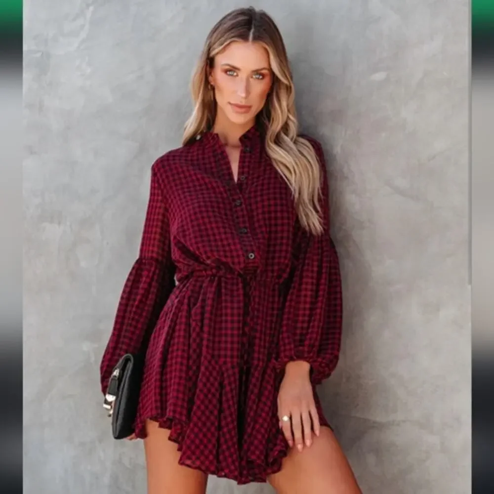 VICI Red & Black Gingham Plaid Long Sleeve Mini Dress Drawstring Waist Sz S NWOT